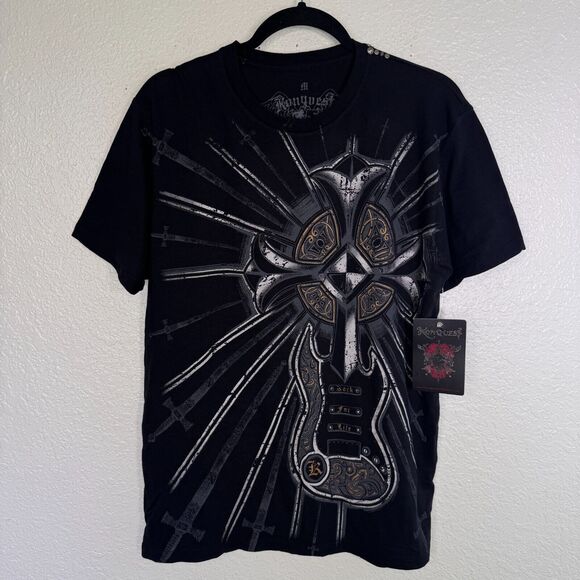 Konquest Shirt Mens Medium Guitar Cross Metallic Tee Tshirt Y2K Grunge Rock NEW - Picture 1 of 10